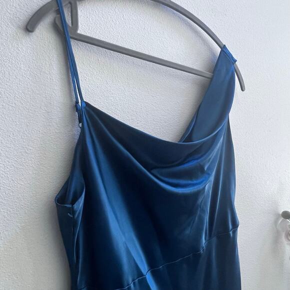 LUSH Women's Satin Midnight Blue Slip Midi Dress Side Slit Wedding Guest Size S - Picture 4 of 8
